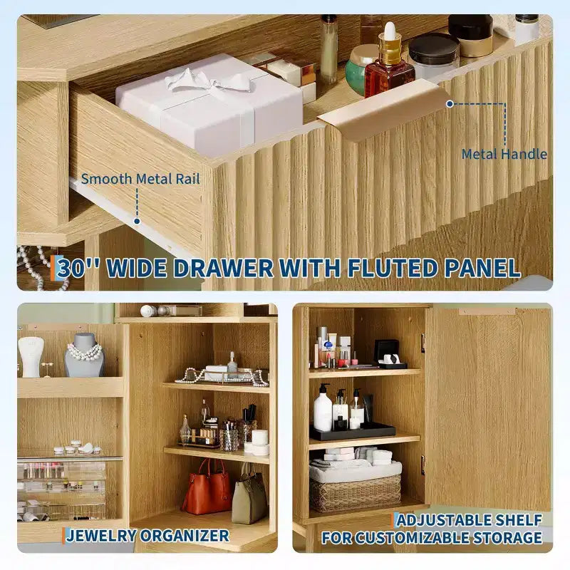 Coiffeuse d'Angle avec Plateau en Verre, Table de Maquillage Moderne Cannelée avec Miroir et Chaise, Gain de Place pour Chambre à Coucher
