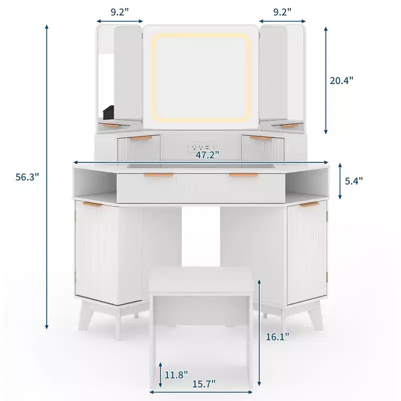 Coiffeuse d'Angle avec Plateau en Verre, Table de Maquillage Moderne Cannelée avec Miroir et Chaise, Gain de Place pour Chambre à Coucher
