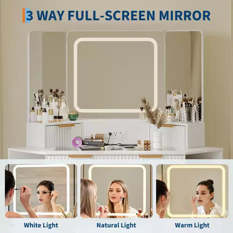 Coiffeuse d'Angle avec Plateau en Verre, Table de Maquillage Moderne Cannelée avec Miroir et Chaise, Gain de Place pour Chambre à Coucher