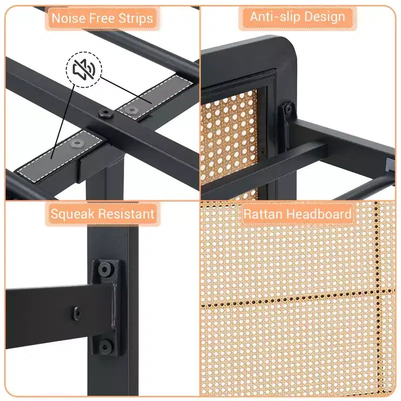 Cadre de lit queen en rotin avec lumière LED et rangement, lit plateforme avec tête de lit tissée style bohème, aucun sommier tapissier requis pour matelas queen size