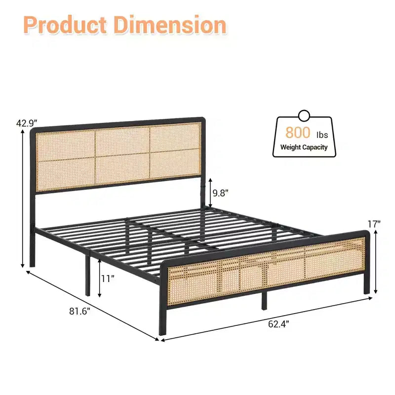 Cadre de lit queen en rotin avec lumière LED et rangement, lit plateforme avec tête de lit tissée style bohème, aucun sommier tapissier requis pour matelas queen size