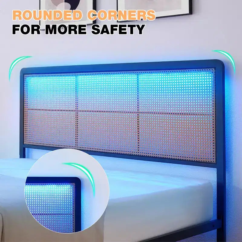 Cadre de lit queen en rotin avec lumière LED et rangement, lit plateforme avec tête de lit tissée style bohème, aucun sommier tapissier requis pour matelas queen size