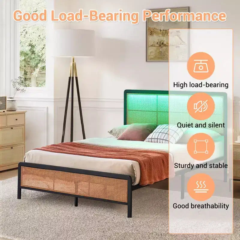 Cadre de lit queen en rotin avec lumière LED et rangement, lit plateforme avec tête de lit tissée style bohème, aucun sommier tapissier requis pour matelas queen size