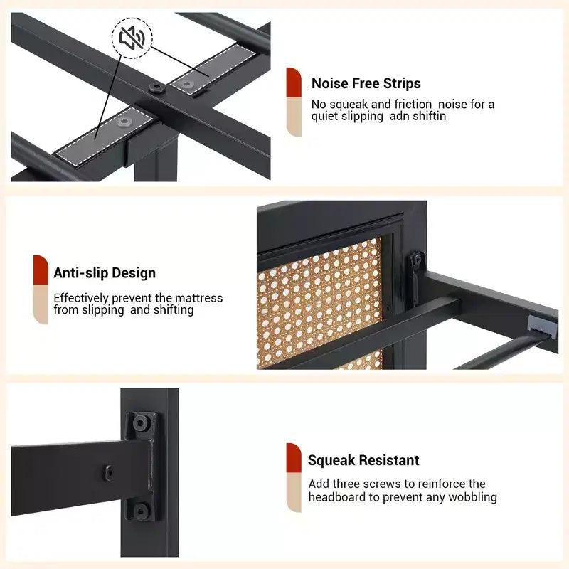 Cadre de lit queen en rotin avec lumière LED et rangement, lit plateforme avec tête de lit tissée style bohème, aucun sommier tapissier requis pour matelas queen size