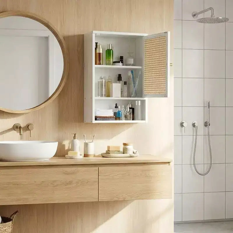 Armoire de rangement murale en bambou avec portes en rotin – Étagère réglable pour chambre, cuisine et buanderie