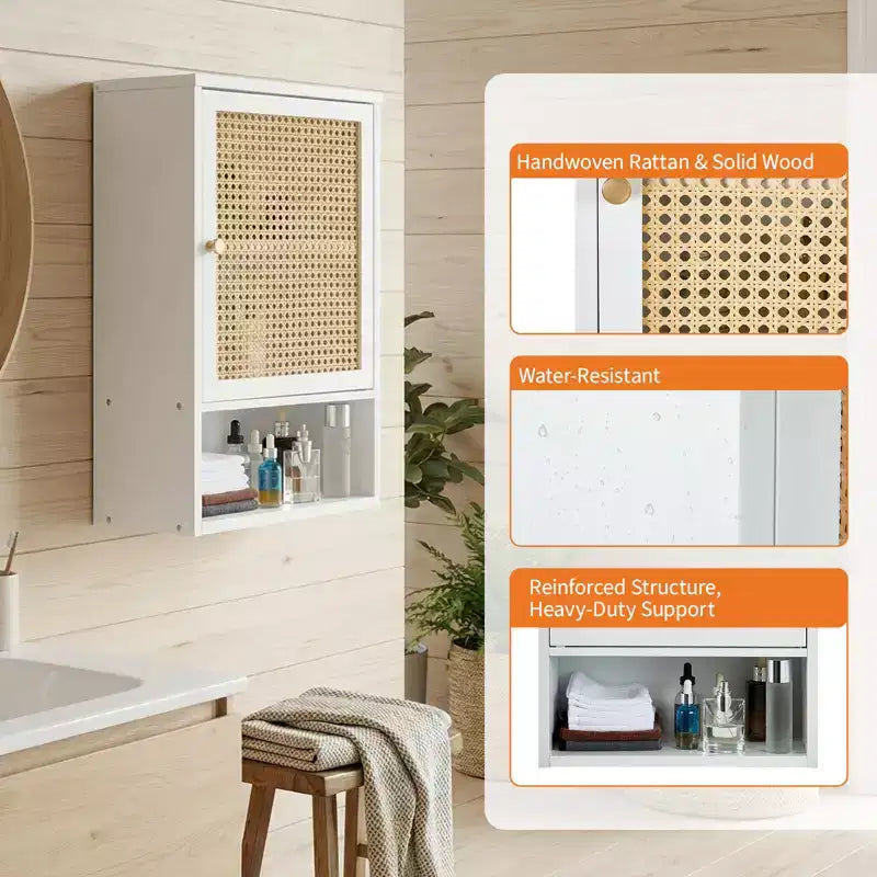 Armoire de rangement murale en bambou avec portes en rotin – Étagère réglable pour chambre, cuisine et buanderie