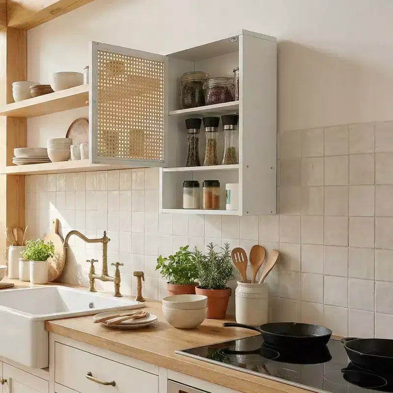 Armoire de rangement murale en bambou avec portes en rotin – Étagère réglable pour chambre, cuisine et buanderie