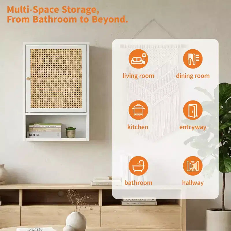 Armoire de rangement murale en bambou avec portes en rotin – Étagère réglable pour chambre, cuisine et buanderie