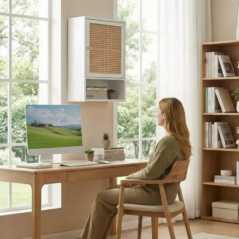 Armoire de rangement murale en bambou avec portes en rotin – Étagère réglable pour chambre, cuisine et buanderie