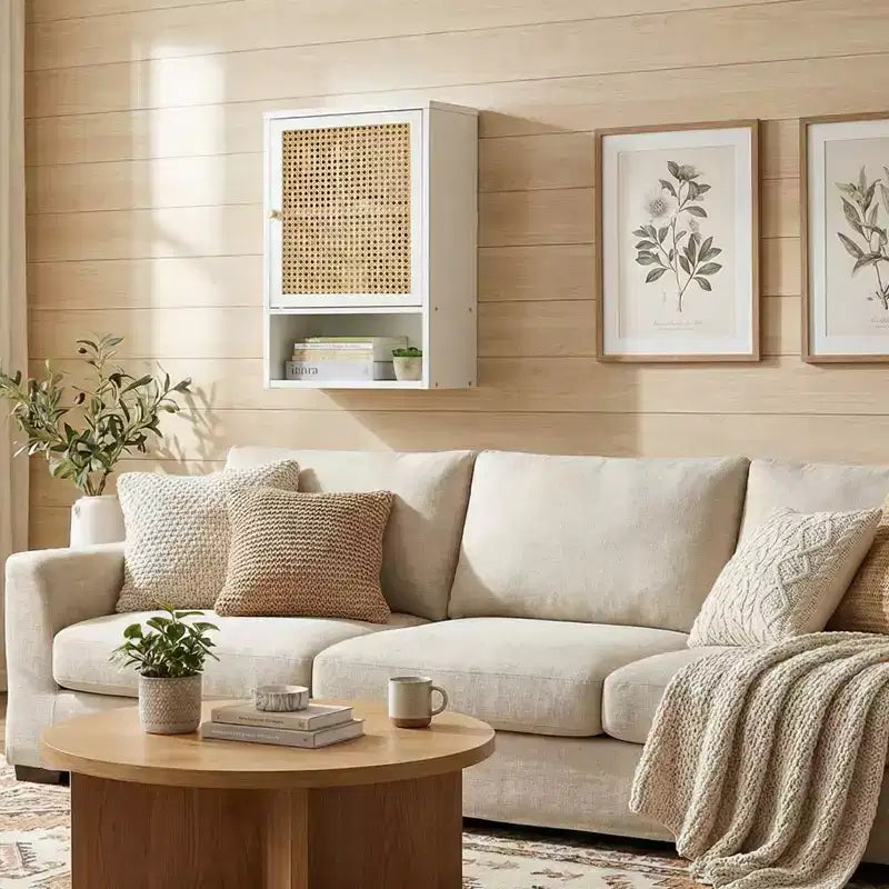 Armoire de rangement murale en bambou avec portes en rotin – Étagère réglable pour chambre, cuisine et buanderie