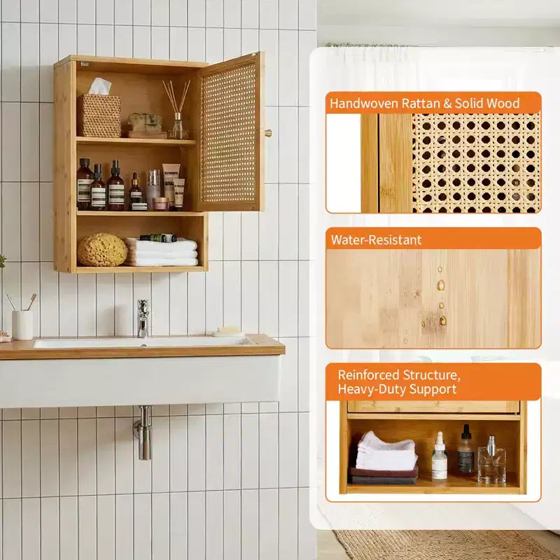 Armoire de rangement murale en bambou avec portes en rotin – Étagère réglable pour chambre, cuisine et buanderie