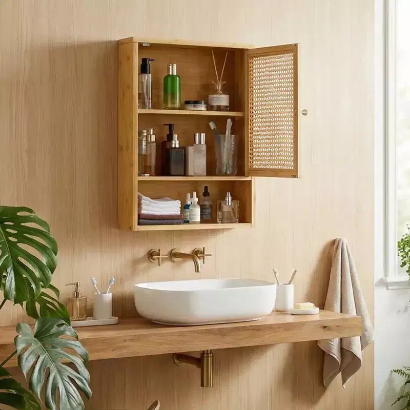 Armoire de rangement murale en bambou avec portes en rotin – Étagère réglable pour chambre, cuisine et buanderie