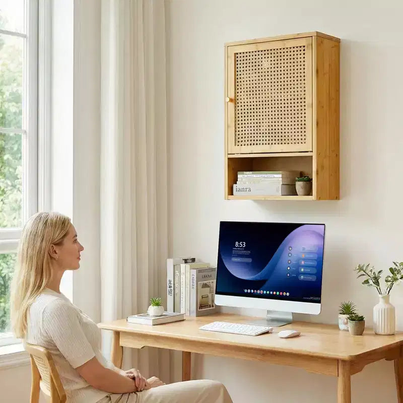 Armoire de rangement murale en bambou avec portes en rotin – Étagère réglable pour chambre, cuisine et buanderie