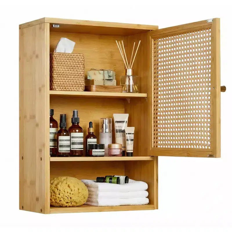 Armoire de rangement murale en bambou avec portes en rotin – Étagère réglable pour chambre, cuisine et buanderie