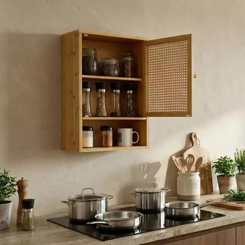 Armoire de rangement murale en bambou avec portes en rotin – Étagère réglable pour chambre, cuisine et buanderie