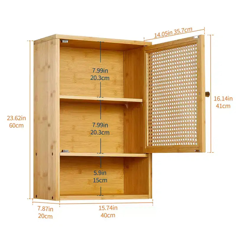Armoire de rangement murale en bambou avec portes en rotin – Étagère réglable pour chambre, cuisine et buanderie