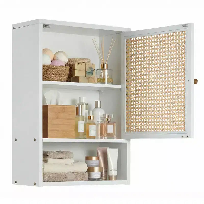Armoire de rangement murale en bambou avec portes en rotin – Étagère réglable pour chambre, cuisine et buanderie
