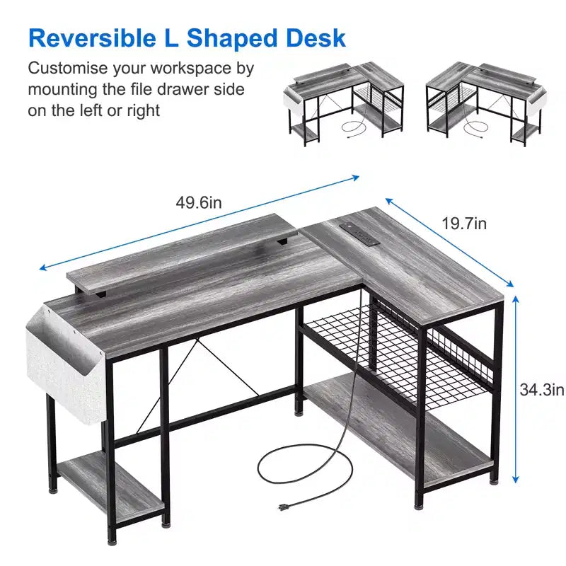 Bureau de jeu d'angle en L avec lumières, prise de courant et rangement, petit bureau d'ordinateur avec support d'écran et étagères de rangement