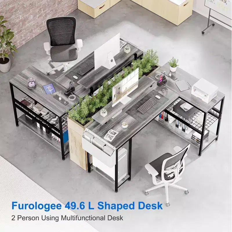 Bureau de jeu d'angle en L avec lumières, prise de courant et rangement, petit bureau d'ordinateur avec support d'écran et étagères de rangement