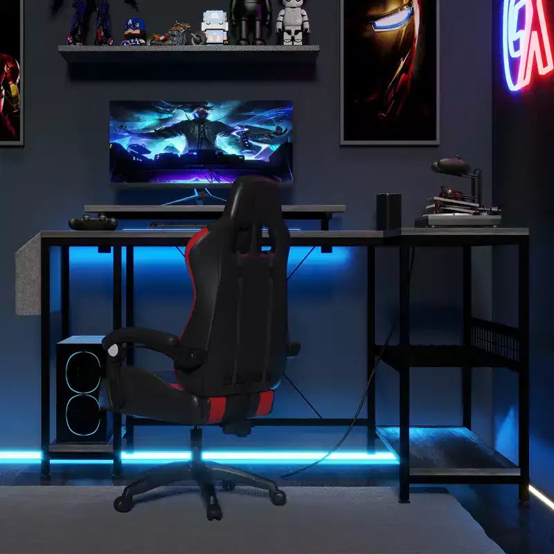 Bureau de jeu d'angle en L avec lumières, prise de courant et rangement, petit bureau d'ordinateur avec support d'écran et étagères de rangement