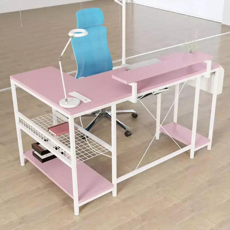 Bureau de jeu d'angle en L avec lumières, prise de courant et rangement, petit bureau d'ordinateur avec support d'écran et étagères de rangement