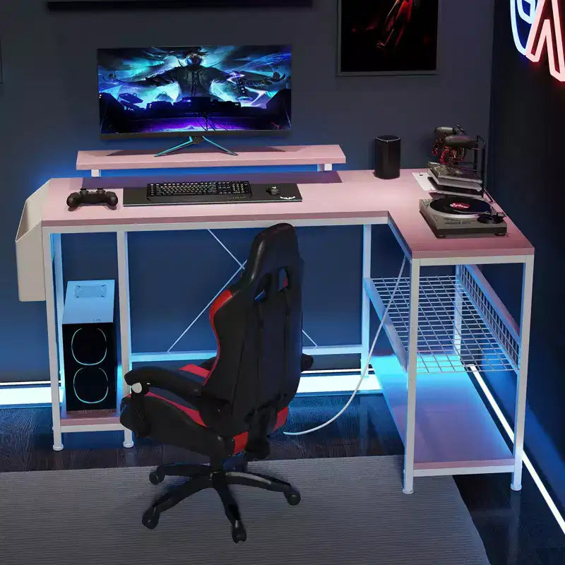 Bureau de jeu d'angle en L avec lumières, prise de courant et rangement, petit bureau d'ordinateur avec support d'écran et étagères de rangement