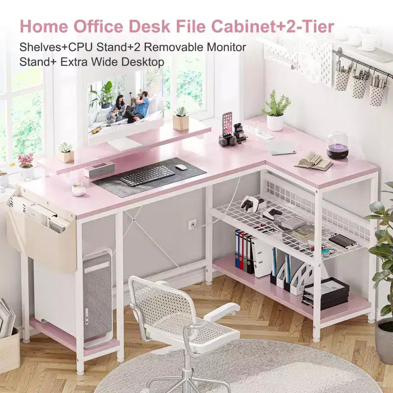 Bureau de jeu d'angle en L avec lumières, prise de courant et rangement, petit bureau d'ordinateur avec support d'écran et étagères de rangement