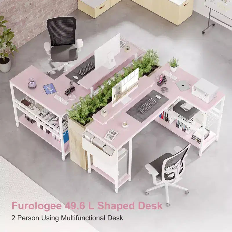 Bureau de jeu d'angle en L avec lumières, prise de courant et rangement, petit bureau d'ordinateur avec support d'écran et étagères de rangement