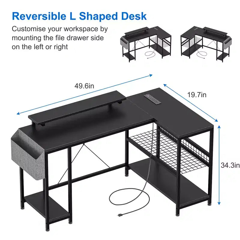 Bureau de jeu d'angle en L avec lumières, prise de courant et rangement, petit bureau d'ordinateur avec support d'écran et étagères de rangement