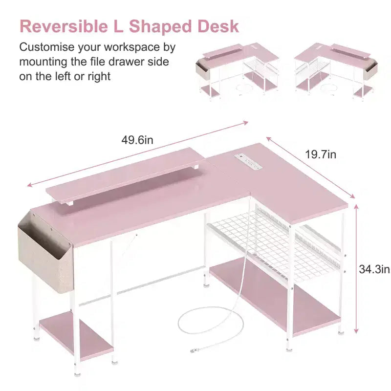 Bureau de jeu d'angle en L avec lumières, prise de courant et rangement, petit bureau d'ordinateur avec support d'écran et étagères de rangement