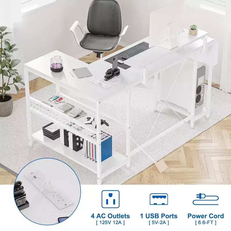 Bureau de jeu d'angle en L avec lumières, prise de courant et rangement, petit bureau d'ordinateur avec support d'écran et étagères de rangement