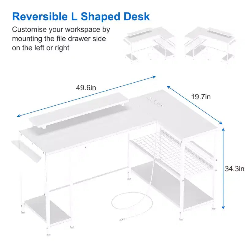 Bureau de jeu d'angle en L avec lumières, prise de courant et rangement, petit bureau d'ordinateur avec support d'écran et étagères de rangement
