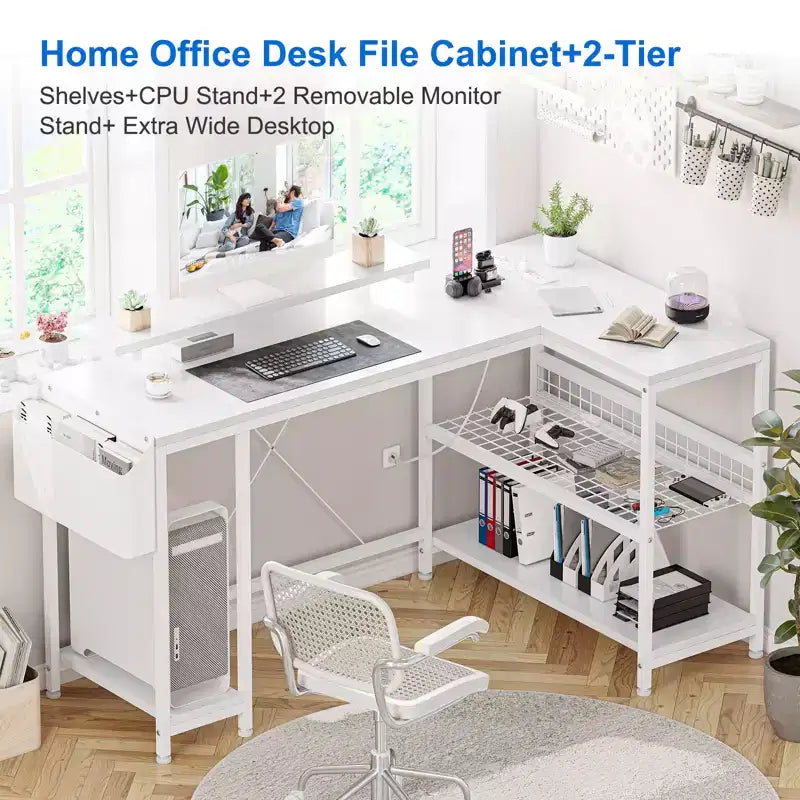 Bureau de jeu d'angle en L avec lumières, prise de courant et rangement, petit bureau d'ordinateur avec support d'écran et étagères de rangement