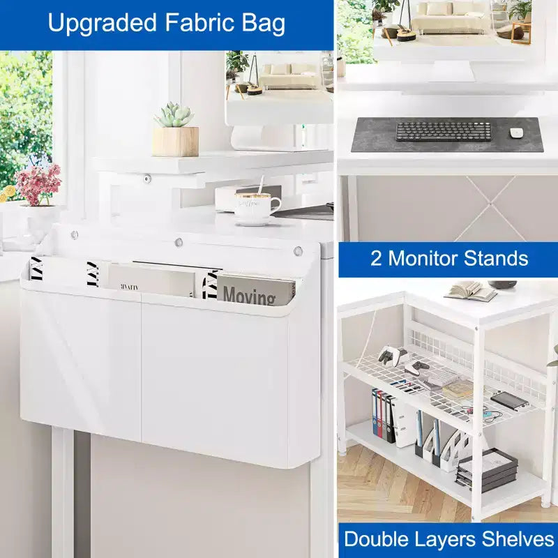 Bureau de jeu d'angle en L avec lumières, prise de courant et rangement, petit bureau d'ordinateur avec support d'écran et étagères de rangement