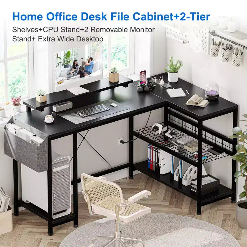 Bureau de jeu d'angle en L avec lumières, prise de courant et rangement, petit bureau d'ordinateur avec support d'écran et étagères de rangement
