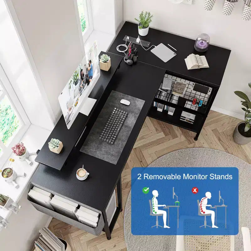 Bureau de jeu d'angle en L avec lumières, prise de courant et rangement, petit bureau d'ordinateur avec support d'écran et étagères de rangement