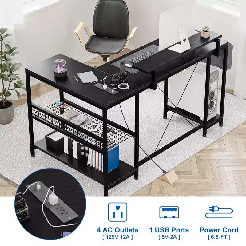 Bureau de jeu d'angle en L avec lumières, prise de courant et rangement, petit bureau d'ordinateur avec support d'écran et étagères de rangement