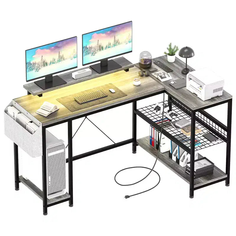 Bureau de jeu d'angle en L avec lumières, prise de courant et rangement, petit bureau d'ordinateur avec support d'écran et étagères de rangement