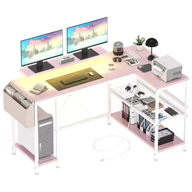 Bureau de jeu d'angle en L avec lumières, prise de courant et rangement, petit bureau d'ordinateur avec support d'écran et étagères de rangement