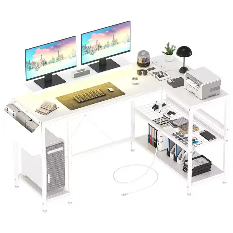 Bureau de jeu d'angle en L avec lumières, prise de courant et rangement, petit bureau d'ordinateur avec support d'écran et étagères de rangement
