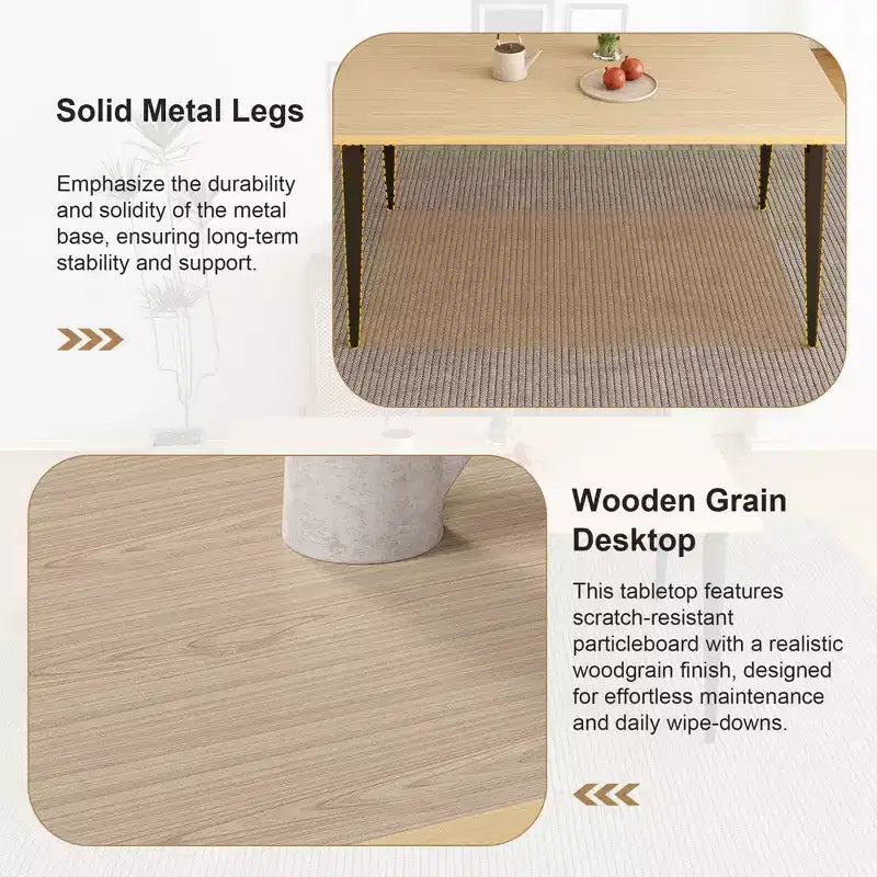 Table à manger rectangulaire moderne avec plateau en bois MDF et pieds en métal, table de cuisine pour appartement ou maison, espace de repas