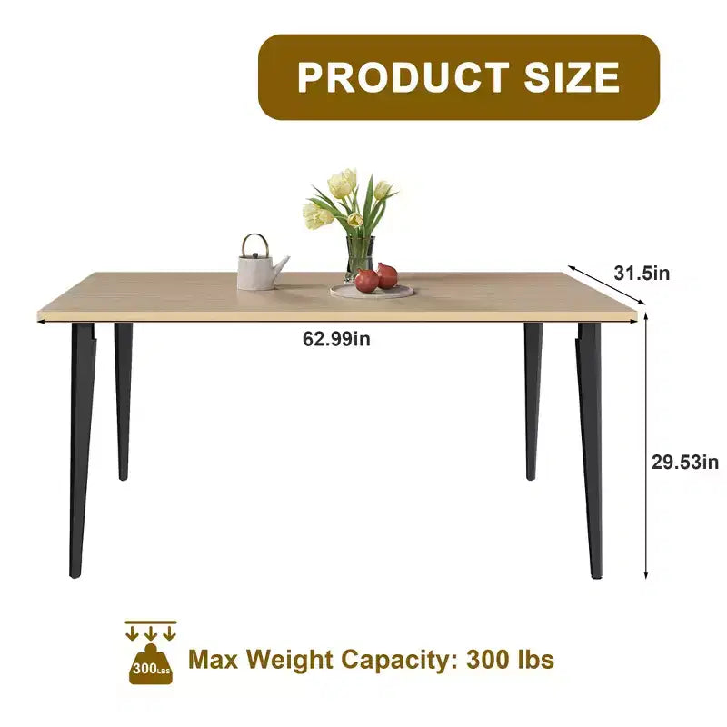 Table à manger rectangulaire moderne avec plateau en bois MDF et pieds en métal, table de cuisine pour appartement ou maison, espace de repas