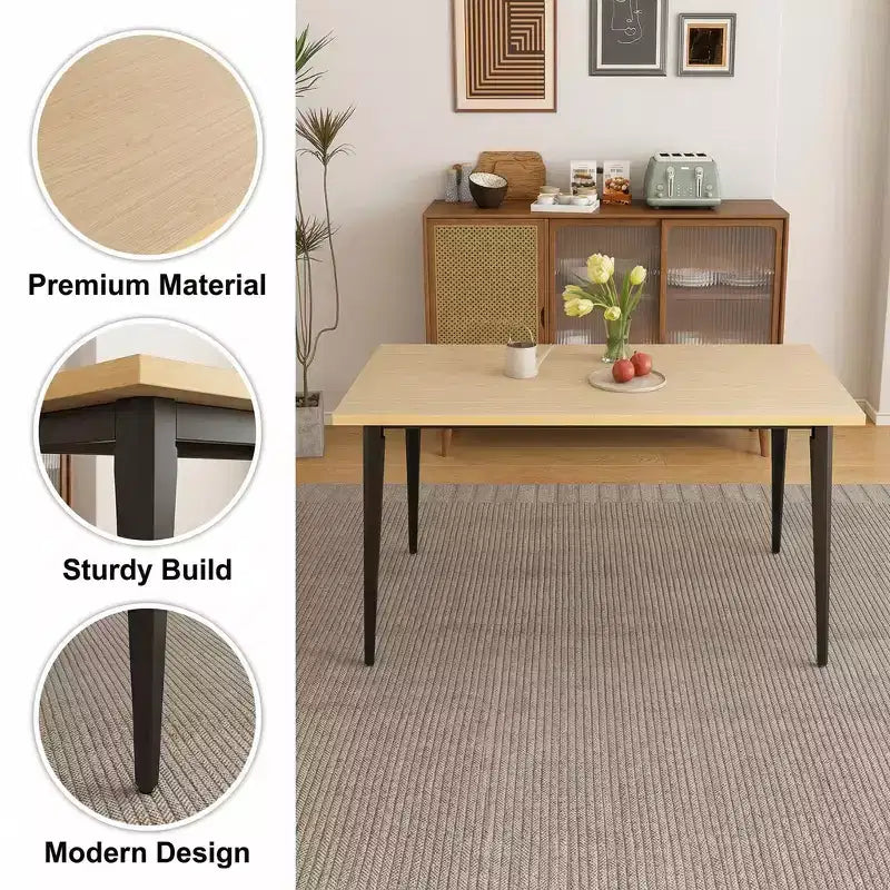 Table à manger rectangulaire moderne avec plateau en bois MDF et pieds en métal, table de cuisine pour appartement ou maison, espace de repas