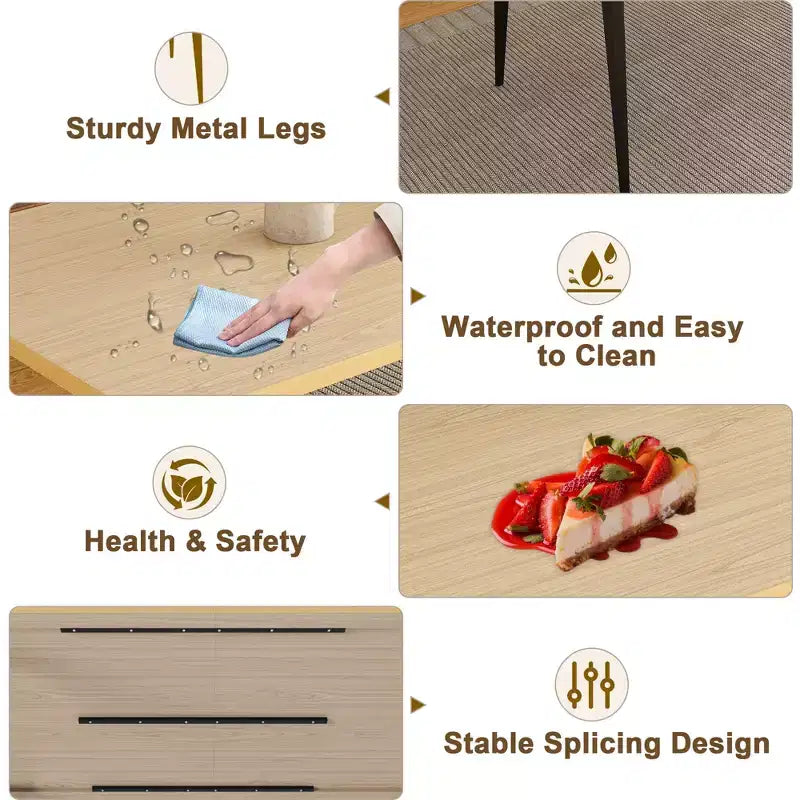 Table à manger rectangulaire moderne avec plateau en bois MDF et pieds en métal, table de cuisine pour appartement ou maison, espace de repas