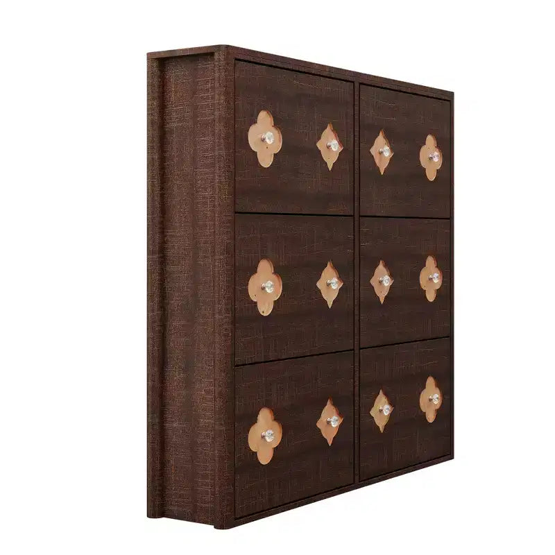 Meuble à chaussures en bois avec 6 tiroirs basculants, étagères réglables, motif floral, poignée en diamant, organisateur de rangement autoportant et mince pour entrée