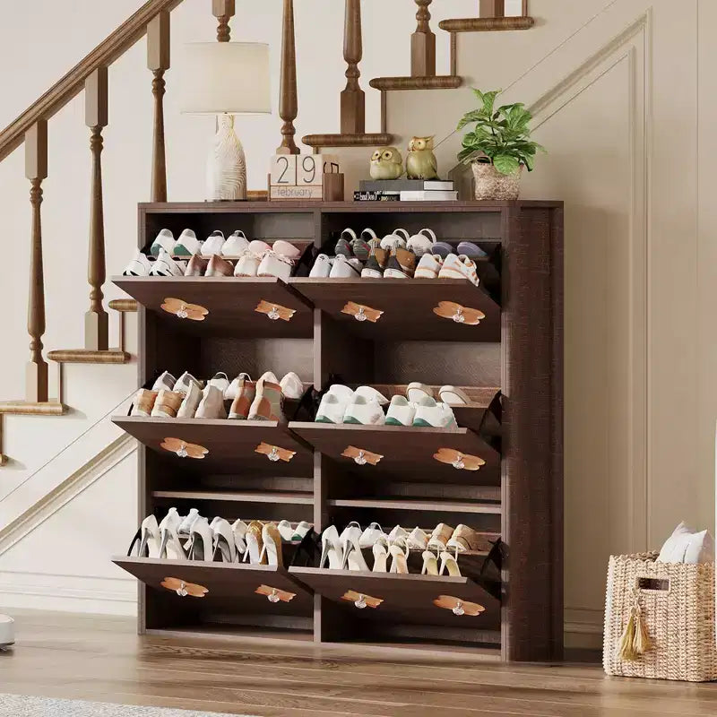 Meuble à chaussures en bois avec 6 tiroirs basculants, étagères réglables, motif floral, poignée en diamant, organisateur de rangement autoportant et mince pour entrée