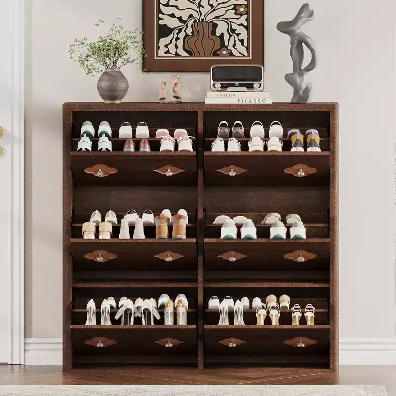 Meuble à chaussures en bois avec 6 tiroirs basculants, étagères réglables, motif floral, poignée en diamant, organisateur de rangement autoportant et mince pour entrée