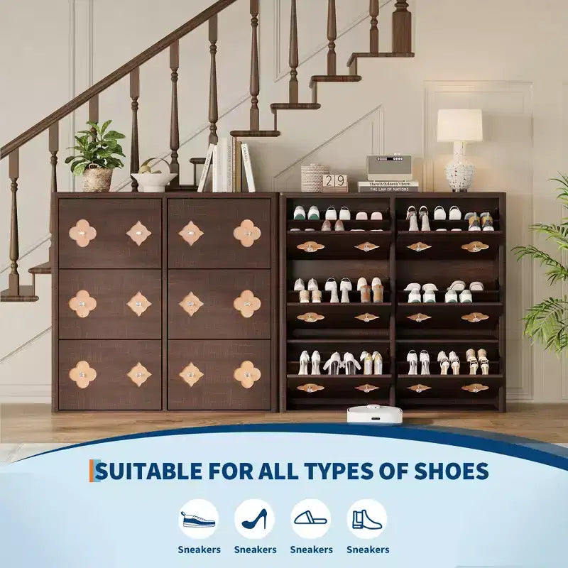 Meuble à chaussures en bois avec 6 tiroirs basculants, étagères réglables, motif floral, poignée en diamant, organisateur de rangement autoportant et mince pour entrée