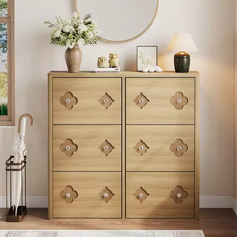Meuble à chaussures en bois avec 6 tiroirs basculants, étagères réglables, motif floral, poignée en diamant, organisateur de rangement autoportant et mince pour entrée