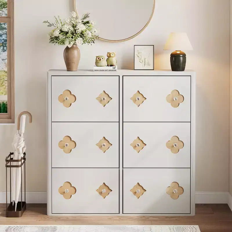 Meuble à chaussures en bois avec 6 tiroirs basculants, étagères réglables, motif floral, poignée en diamant, organisateur de rangement autoportant et mince pour entrée